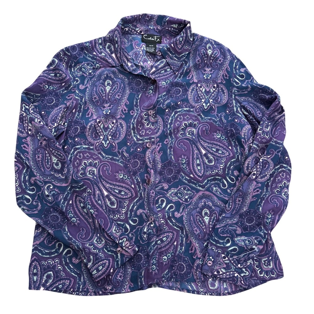 Colorfx Womens Purple Paisley 100% Silk Button Down Blouse Long Sleeve Size M